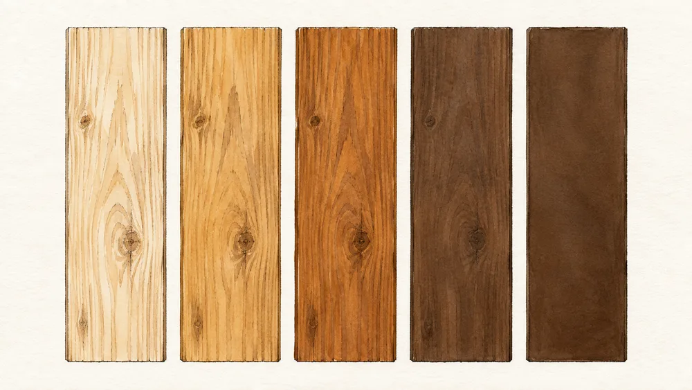 Illustration of five deck boards showing stain opacity from clear to solid.