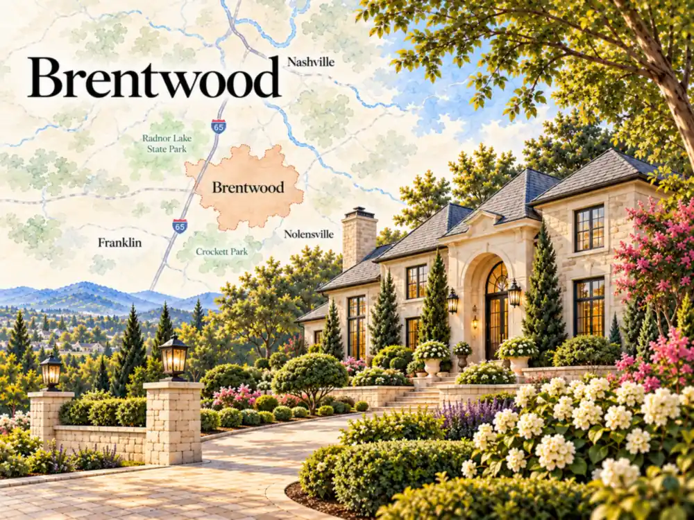 Illustrative watercolor map of Brentwood, TN, for our Brentwood house painters page