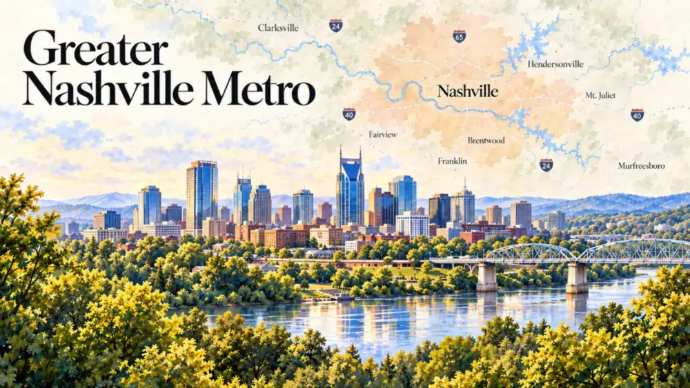 Illustrative watercolor of the Nashville skyline, for our Nashville house painters page