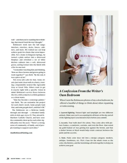 Bellevue City Lifestyle feature page with Alan Robinson's portrait and his color tips for a bedroom