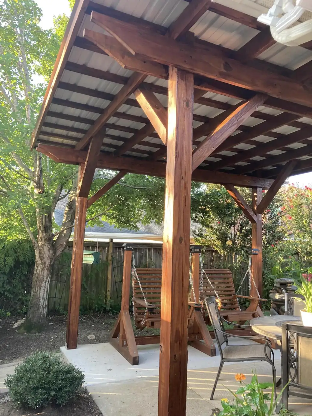 John Z.'s cedar pergola posts and beams, freshly stained, exterior wood staining for a Belle Meade home