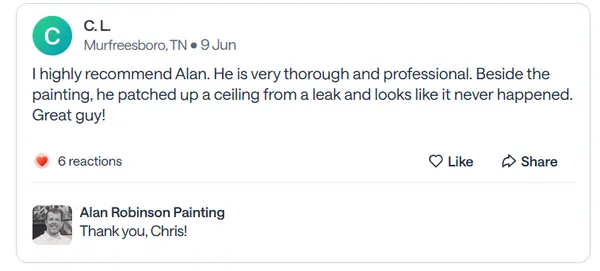 Nextdoor recommendation from C.L., a Murfreesboro neighbor, praising a thorough job and a ceiling leak patched so it looks like it never happened