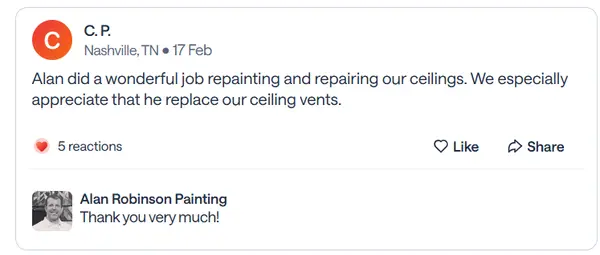 Nextdoor recommendation from C.P., a Nashville neighbor, praising repainting and repairing ceilings and replacing ceiling vents