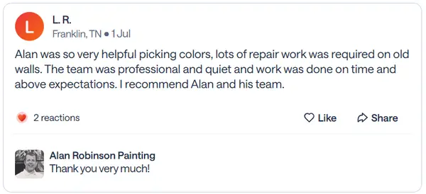 Nextdoor recommendation from L.R., a Franklin neighbor, praising help choosing colors and repairing old walls