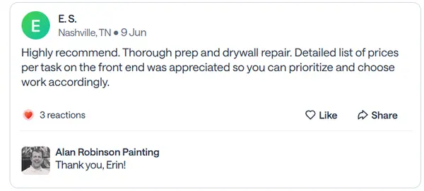 Nextdoor recommendation from E.S., a Nashville neighbor, praising thorough prep, drywall repair and an itemized estimate