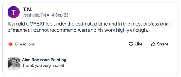 Nextdoor recommendation from T.M., a Nashville neighbor, praising great work finished under the estimated time