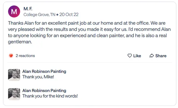 Nextdoor recommendation from M.F., a College Grove neighbor, praising an excellent, clean paint job at home and at the office