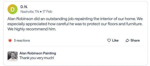 Nextdoor recommendation from D.N., a Nashville neighbor, praising an interior repaint with floors and furniture carefully protected