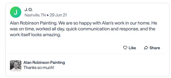 Nextdoor recommendation from J.O., a Nashville neighbor, praising being on time, working all day and quick communication