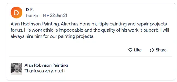 Nextdoor recommendation from D.E., a Franklin neighbor, praising multiple painting and repair projects and an impeccable work ethic