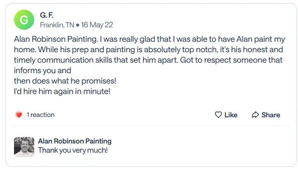Nextdoor recommendation from G.F., a Franklin neighbor, praising top-notch prep and painting and honest, timely communication