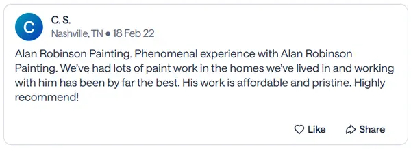 Nextdoor recommendation from C.S., a Nashville neighbor, praising affordable, pristine work across the homes they have lived in