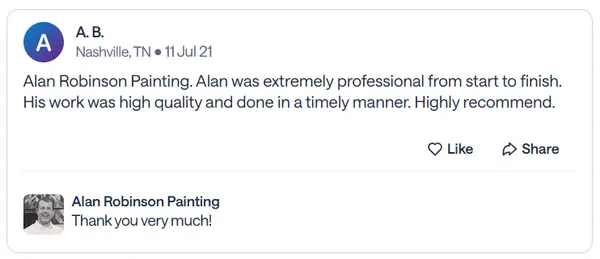 Nextdoor recommendation from A.B., a Nashville neighbor, praising professional, high-quality work done on time