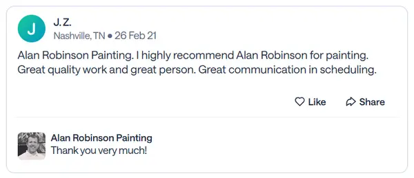 Nextdoor recommendation from J.Z., a Nashville neighbor, praising quality work and clear communication about scheduling