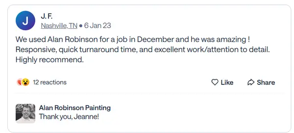 Nextdoor recommendation from J.F., a Nashville neighbor, praising responsiveness, quick turnaround and attention to detail