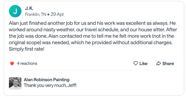 Nextdoor recommendation from J.K., a Franklin neighbor, praising repeat work done around weather and travel, plus extra work at no charge
