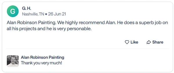 Nextdoor recommendation from G.H., a Nashville neighbor, praising superb work on every project and a personable manner