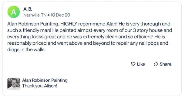 Nextdoor recommendation from A.B., a Nashville neighbor, praising painting nearly every room of a three-story house, cleanly and efficiently