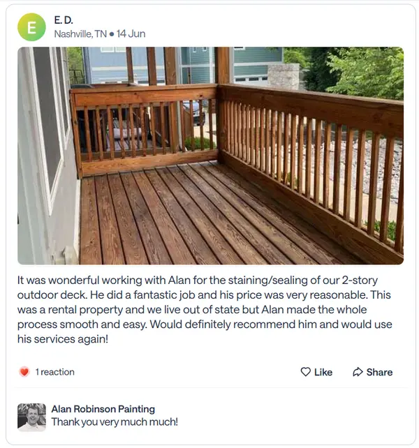 Nextdoor recommendation from E.D., a Nashville neighbor, praising staining and sealing a two-story deck
