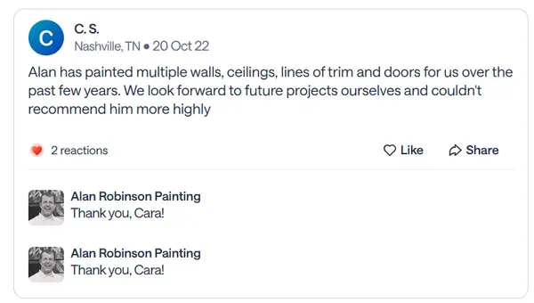 Nextdoor recommendation from C.S., a Nashville neighbor, praising walls, ceilings, trim and doors painted over several years