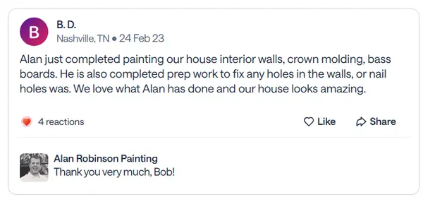 Nextdoor recommendation from B.D., a Nashville neighbor, praising interior walls, crown molding and baseboards, with nail holes repaired